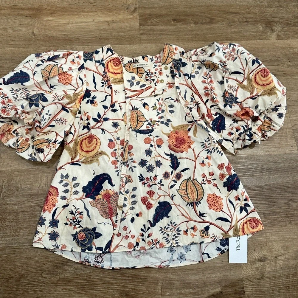 Ulla Johnson Cream Floral Puff-Sleeve Blouse with Navy and Rust Motif